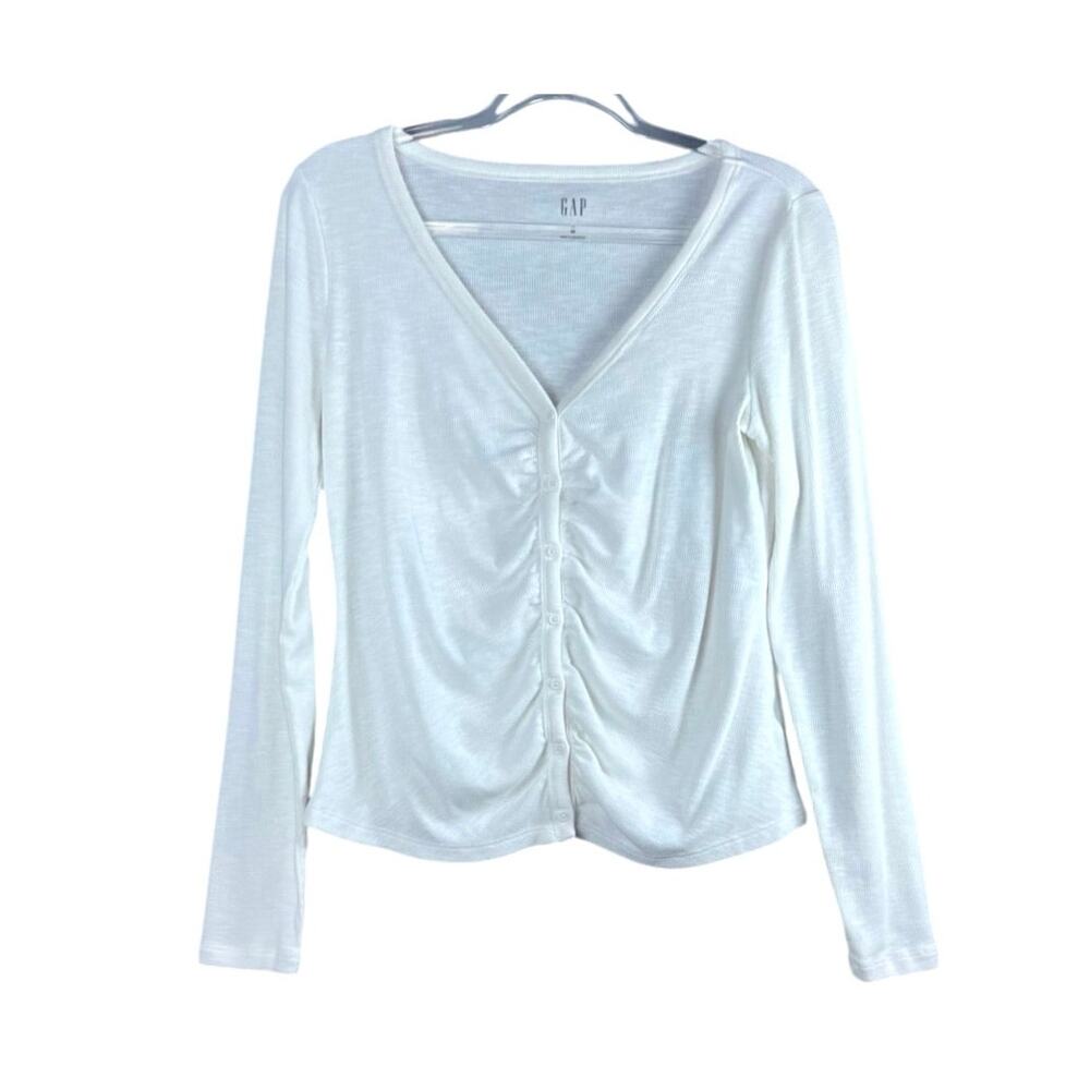 Gap Cream Ribbed V Neck Henley Long Sleeve Top Button Front Size M - Picture 2 of 4